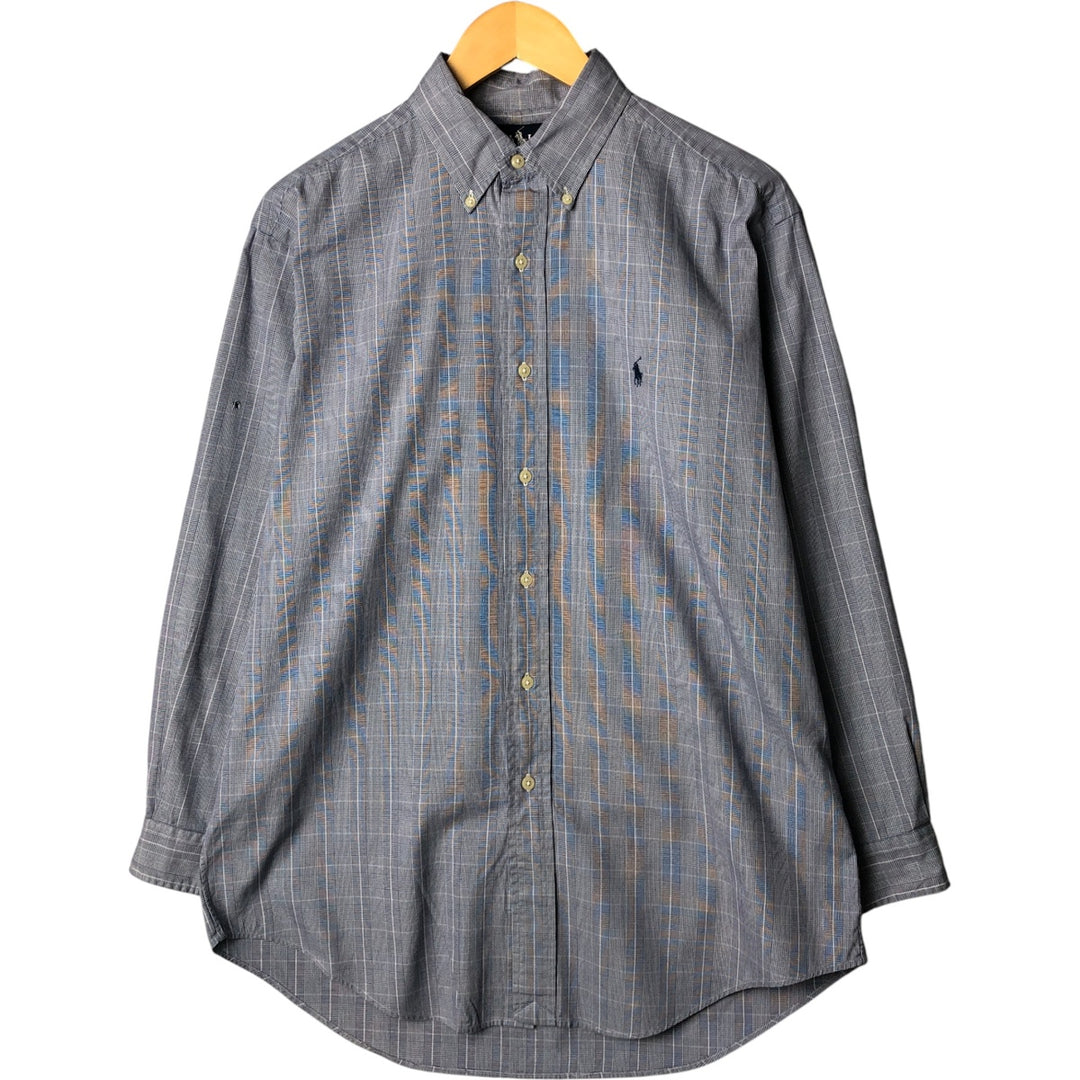 Ralph Lauren YARMOUTH Houndstooth Pattern Long Sleeve Button-Down Check Shirt, Men's Size Medium cotton blue type Vintage Second Hand