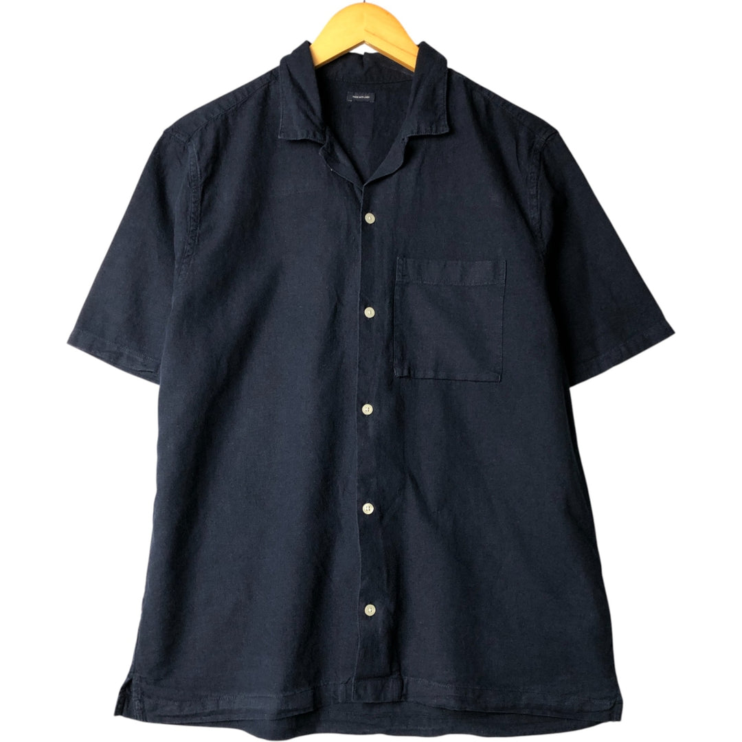 Short-sleeved open-collar linen shirt, men's size L linen navy blue type Vintage Second Hand