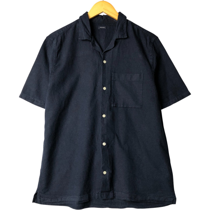 Short-sleeved open-collar linen shirt, men's size L linen navy blue type Vintage Second Hand