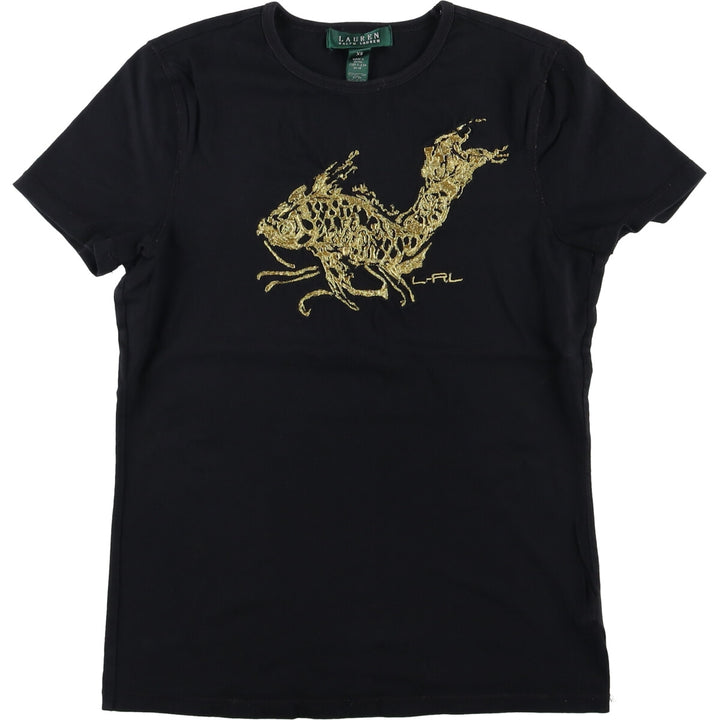 Ralph Lauren LAUREN fish print short sleeve T-shirt, women's size XS cotton black type Vintage Second Hand