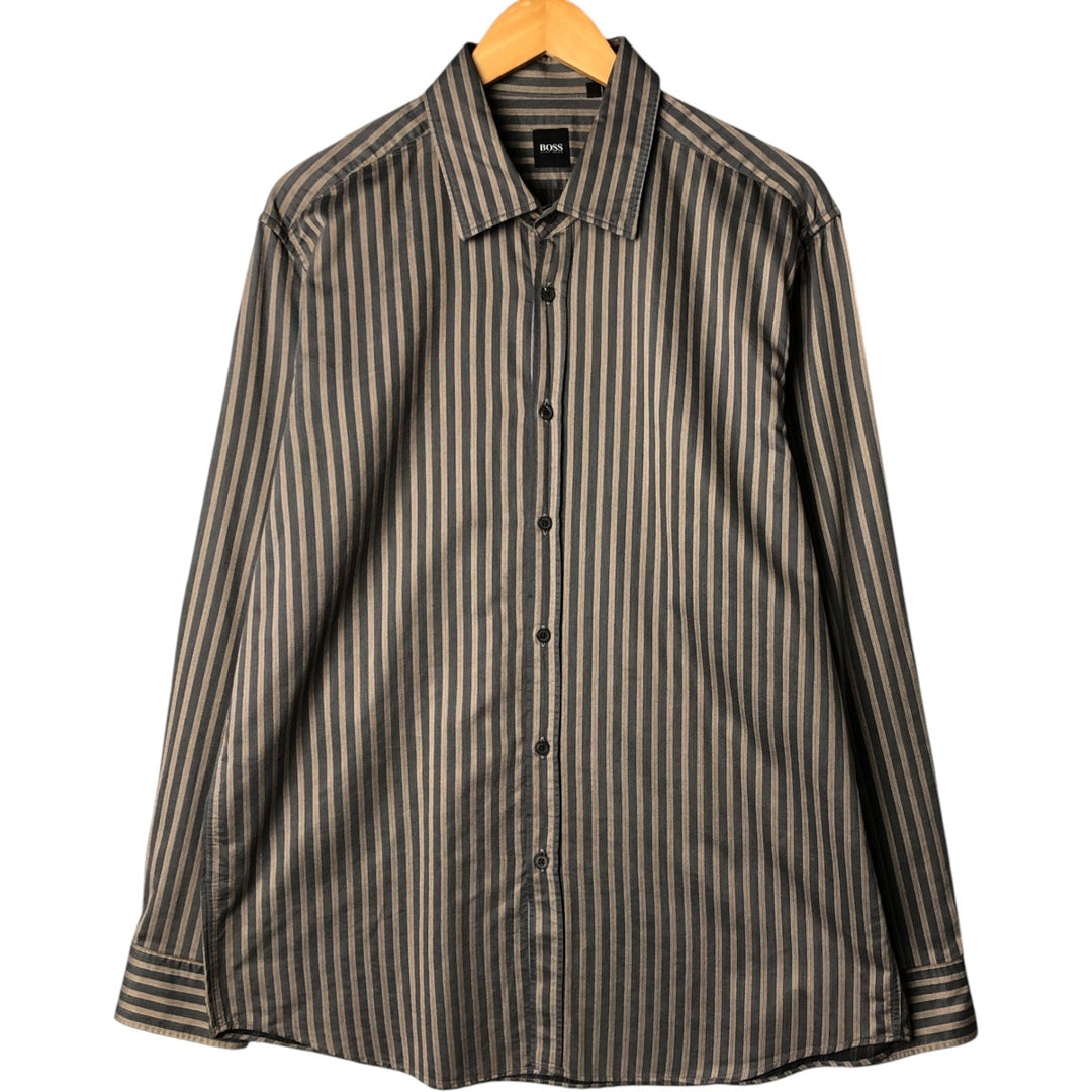 Hugo Boss long-sleeved cotton striped shirt, made in Italy, men's size XXL cotton Charcoal Vintage Second Hand