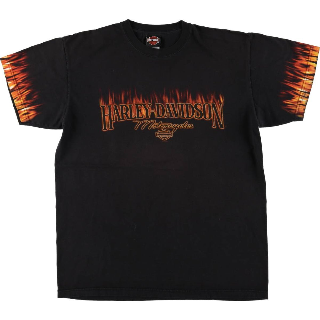 00'S Harley-Davidson Fire Pattern Motorcycle Bike T-Shirt Men's XL cotton black type Vintage Second Hand