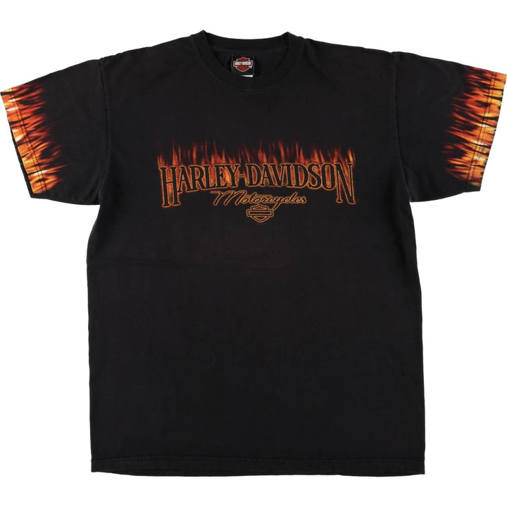 00'S Harley-Davidson Fire Pattern Motorcycle Bike T-Shirt Men's XL cotton black type Vintage Second Hand
