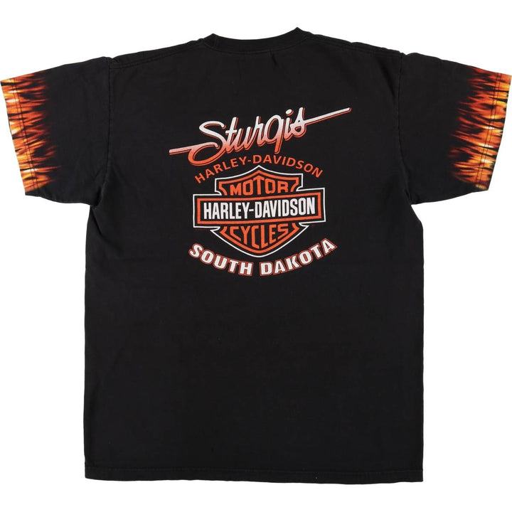 00'S Harley-Davidson Fire Pattern Motorcycle Bike T-Shirt Men's XL cotton black type Vintage Second Hand