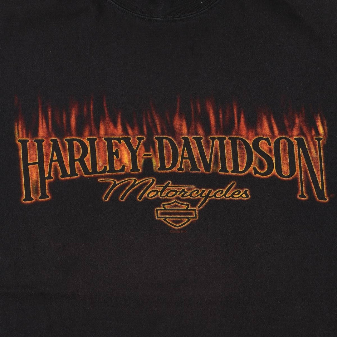 00'S Harley-Davidson Fire Pattern Motorcycle Bike T-Shirt Men's XL cotton black type Vintage Second Hand