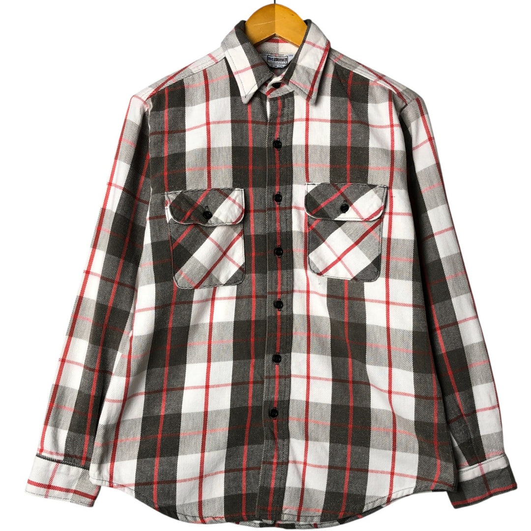 70s-80'S Five Brother long-sleeved flannel check shirt, Made in USA, Men's size M unclear beige type brown Vintage Second Hand