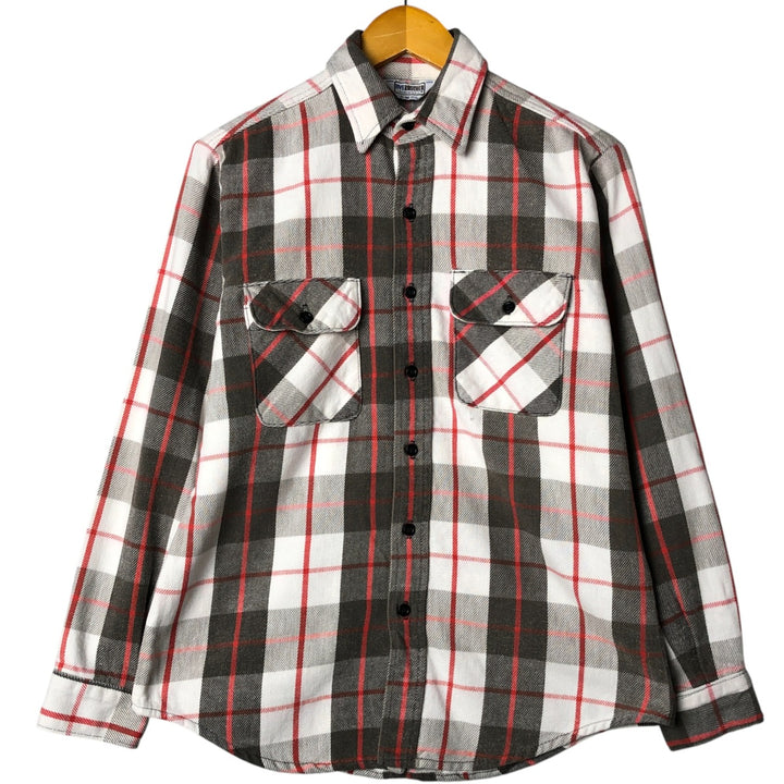 70s-80'S Five Brother long-sleeved flannel check shirt, Made in USA, Men's size M unclear beige type brown Vintage Second Hand