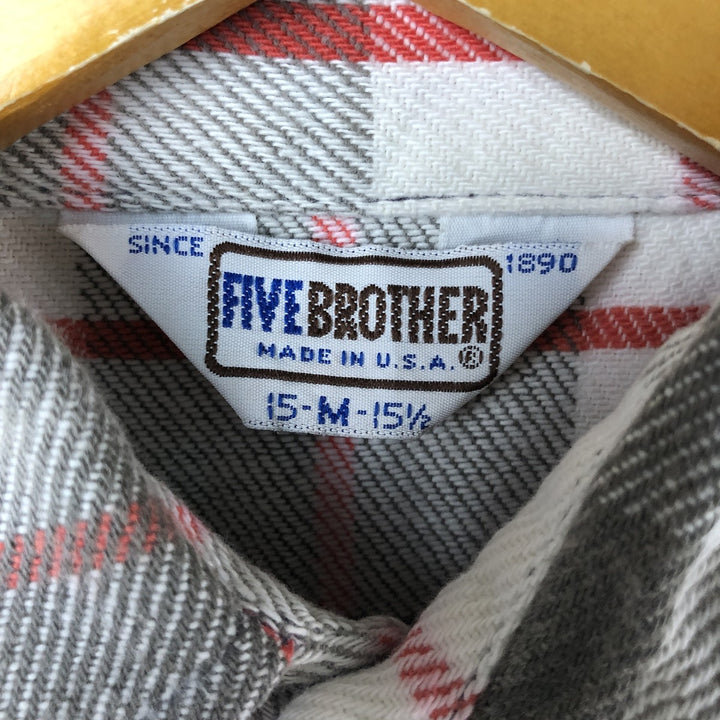 70s-80'S Five Brother long-sleeved flannel check shirt, Made in USA, Men's size M unclear beige type brown Vintage Second Hand