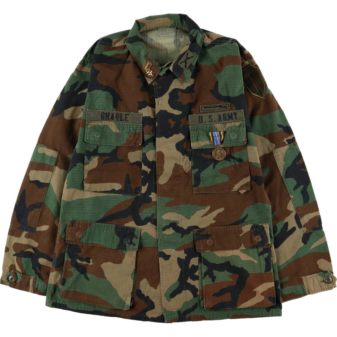 Authentic 1980'S US Military Woodland Camo Ripstop BDU Military Jacket with Badge, Made in USA, Small Regular cotton Khaki type Vintage Second Hand