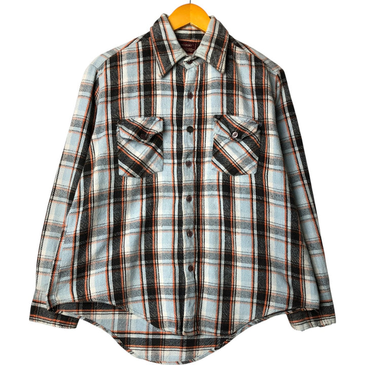 Vintage 1980'S KINGSPORT long-sleeved heavy flannel check shirt, men's size L cotton Blue type light blue Vintage Second Hand