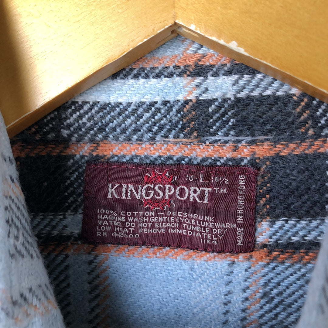 Vintage 1980'S KINGSPORT long-sleeved heavy flannel check shirt, men's size L cotton Blue type light blue Vintage Second Hand