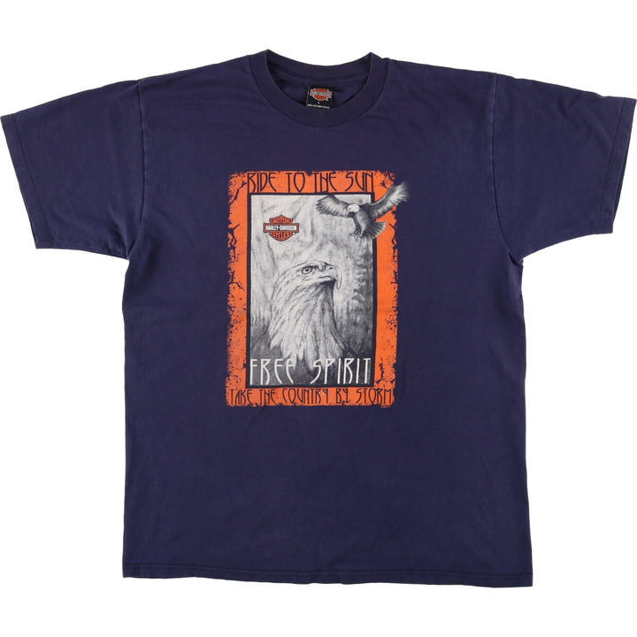 00'S Harley-Davidson Eagle Pattern Motorcycle Bike T-shirt Men's L size cotton navy blue type Vintage Second Hand