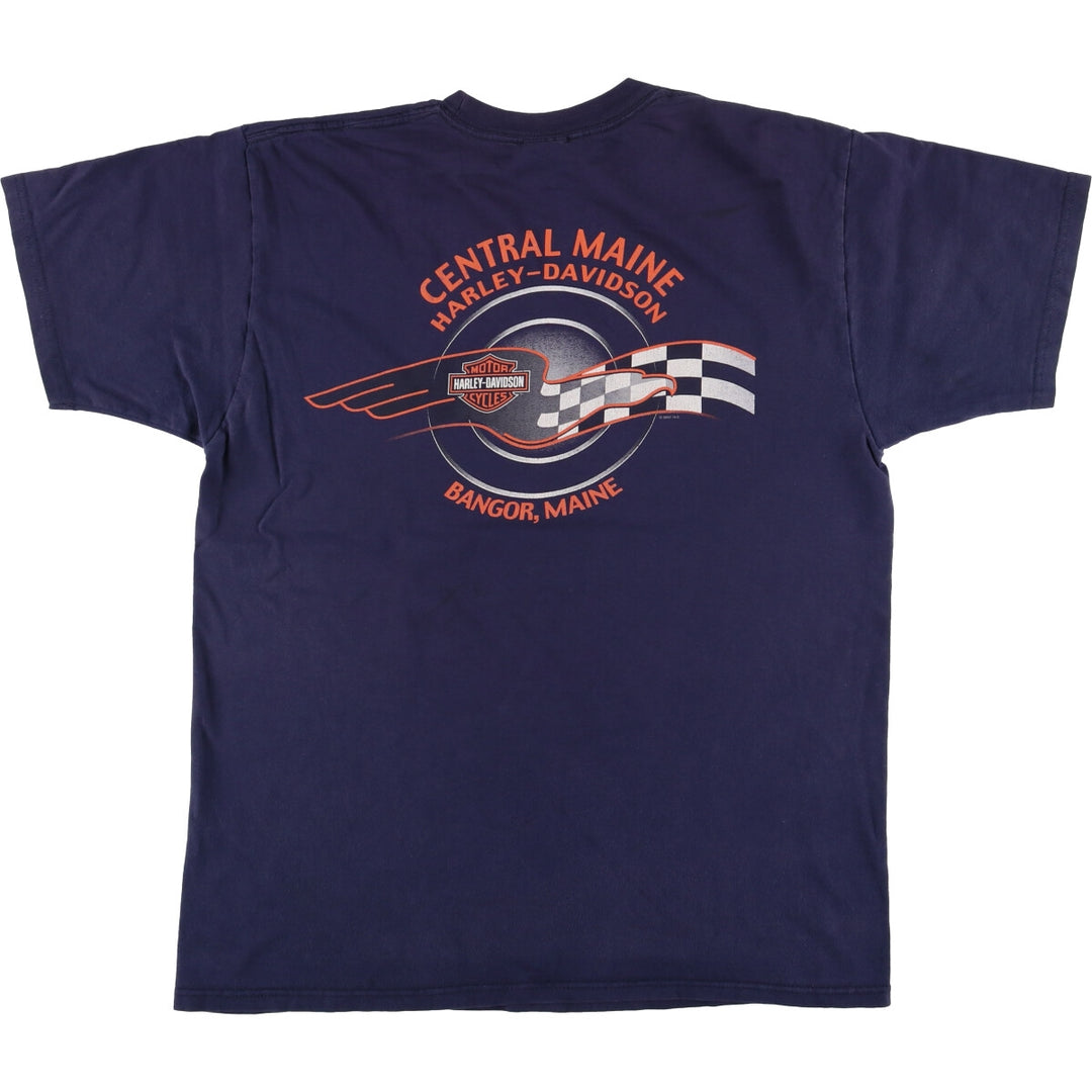 00'S Harley-Davidson Eagle Pattern Motorcycle Bike T-shirt Men's L size cotton navy blue type Vintage Second Hand