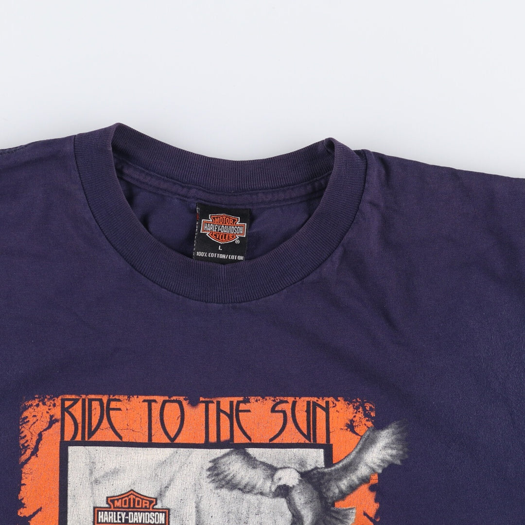 00'S Harley-Davidson Eagle Pattern Motorcycle Bike T-shirt Men's L size cotton navy blue type Vintage Second Hand