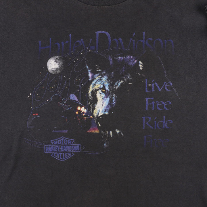 Harley-Davidson Wolf Pattern Eagle Pattern Motorcycle T-Shirt, Made in USA, Men's Size Large cotton black type Vintage Second Hand