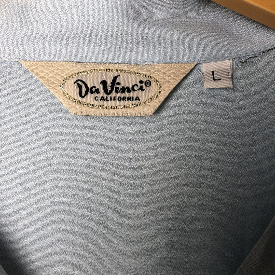 Da Vinci Two-Tone Acetate and Rayon Short Sleeve Open Collar Box Shirt, Made in USA, Men's Size L Rayon Blue type light blue Vintage Second Hand