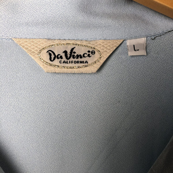 Da Vinci Two-Tone Acetate and Rayon Short Sleeve Open Collar Box Shirt, Made in USA, Men's Size L Rayon Blue type light blue Vintage Second Hand
