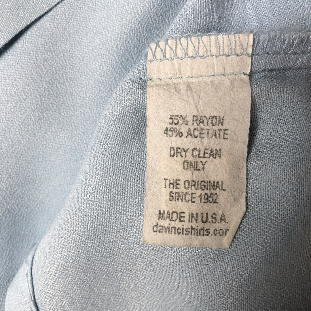Da Vinci Two-Tone Acetate and Rayon Short Sleeve Open Collar Box Shirt, Made in USA, Men's Size L Rayon Blue type light blue Vintage Second Hand