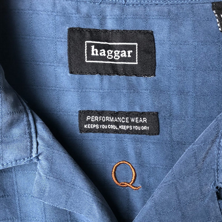 Haggar Check Pattern Short Sleeve Open Collar Polyester Box Shirt, Men's Size M polyester blue type Vintage Second Hand