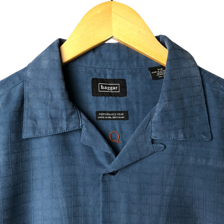 Haggar Check Pattern Short Sleeve Open Collar Polyester Box Shirt, Men's Size M polyester blue type Vintage Second Hand
