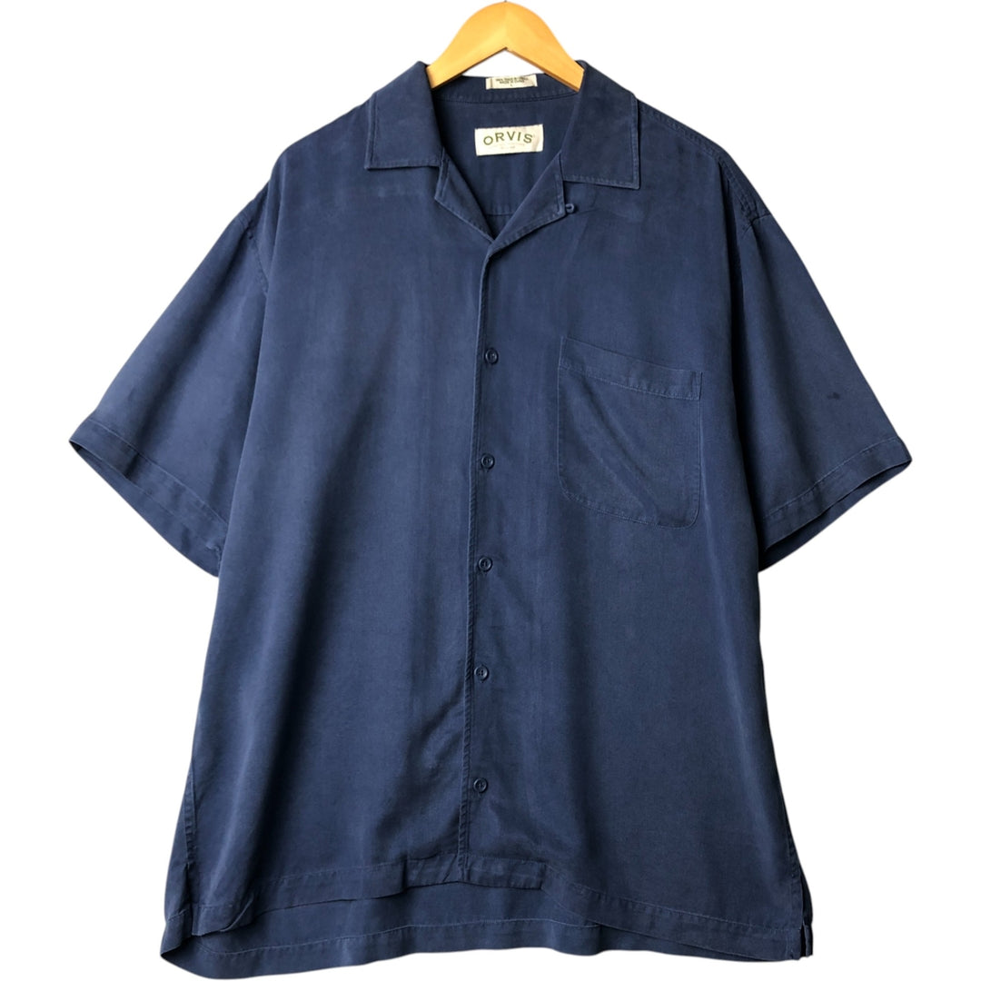 Orvis short-sleeved open-collar box shirt, men's size L Tencel navy blue type Vintage Second Hand