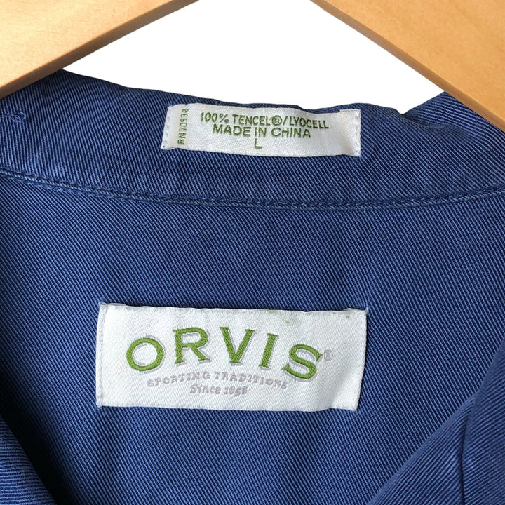 Orvis short-sleeved open-collar box shirt, men's size L Tencel navy blue type Vintage Second Hand