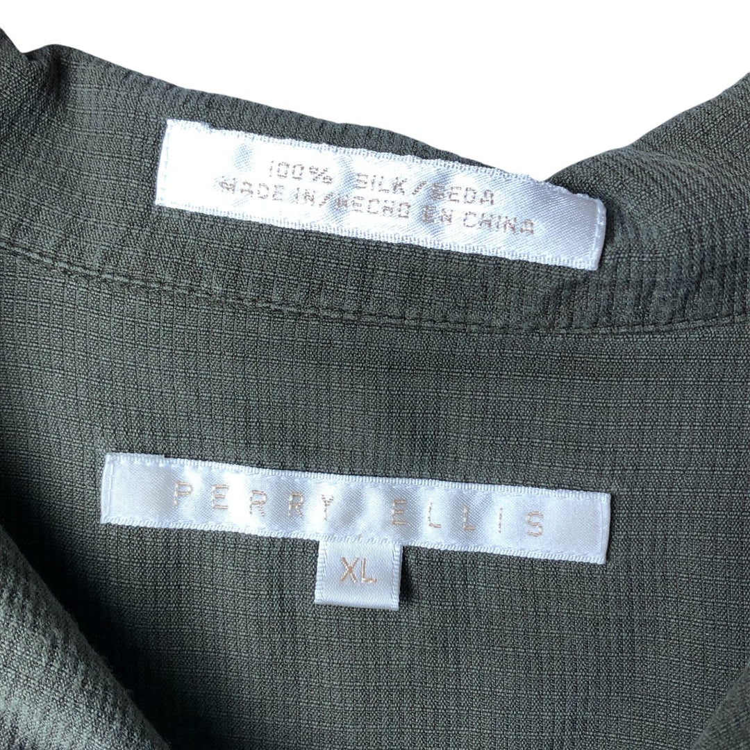 Perry Ellis Short Sleeve Open Collar Silk Shirt Box Shirt Men's XL silk Khaki type sage green Vintage Second Hand