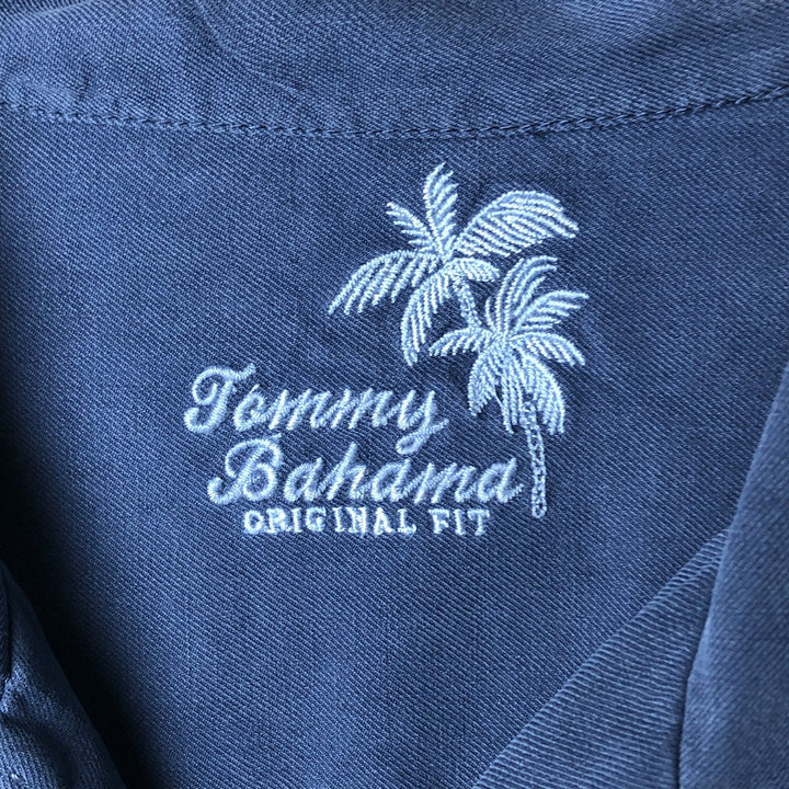 Tommy Bahama short sleeve open collar silk shirt, box shirt, men's size L silk navy blue type Vintage Second Hand