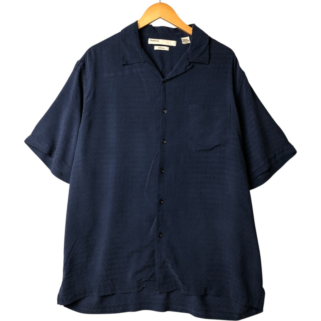 Perry Ellis Short Sleeve Open Collar Silk Shirt Box Shirt Men's XL silk navy blue type Vintage Second Hand