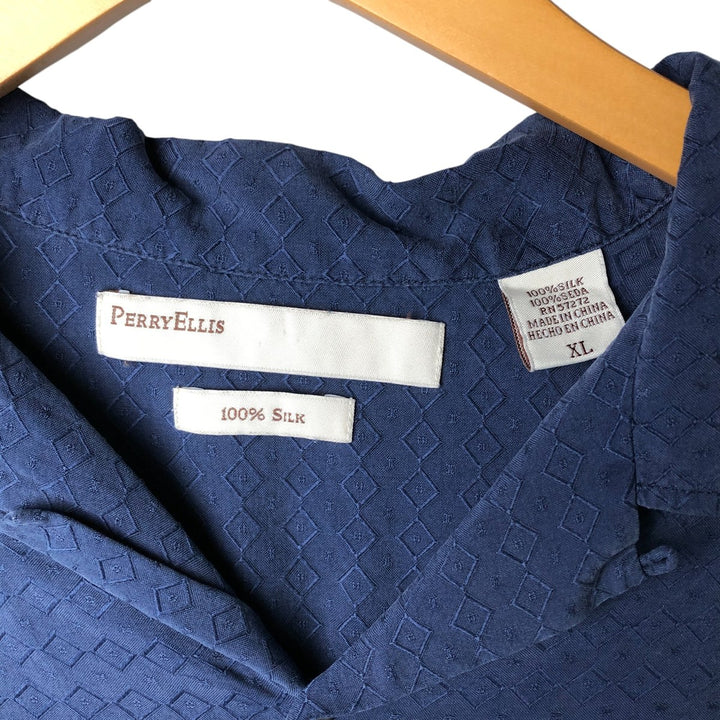 Perry Ellis Short Sleeve Open Collar Silk Shirt Box Shirt Men's XL silk navy blue type Vintage Second Hand