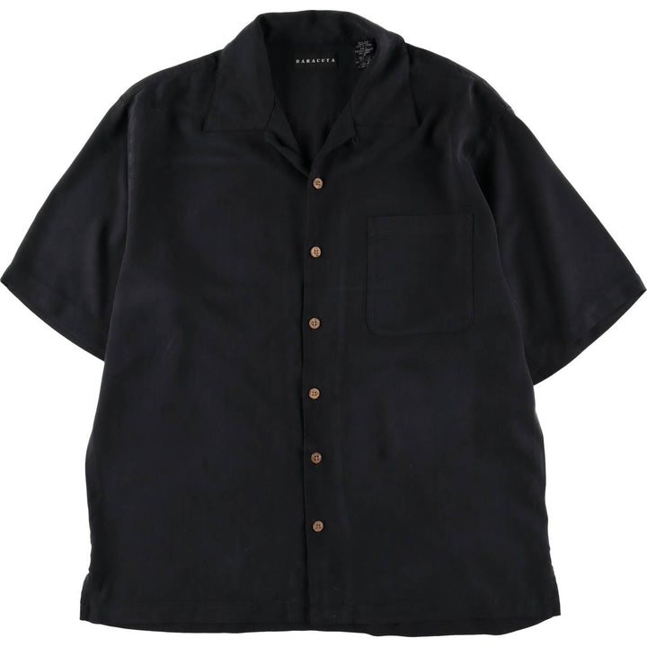 BARACUTA Herringbone Short Sleeve Open Collar Silk Shirt, Men's Size L silk black type Vintage Second Hand
