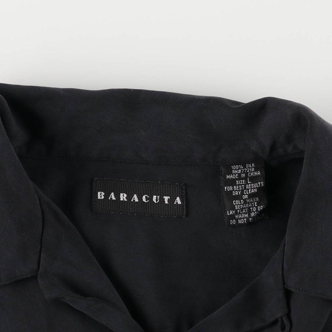 BARACUTA Herringbone Short Sleeve Open Collar Silk Shirt, Men's Size L silk black type Vintage Second Hand