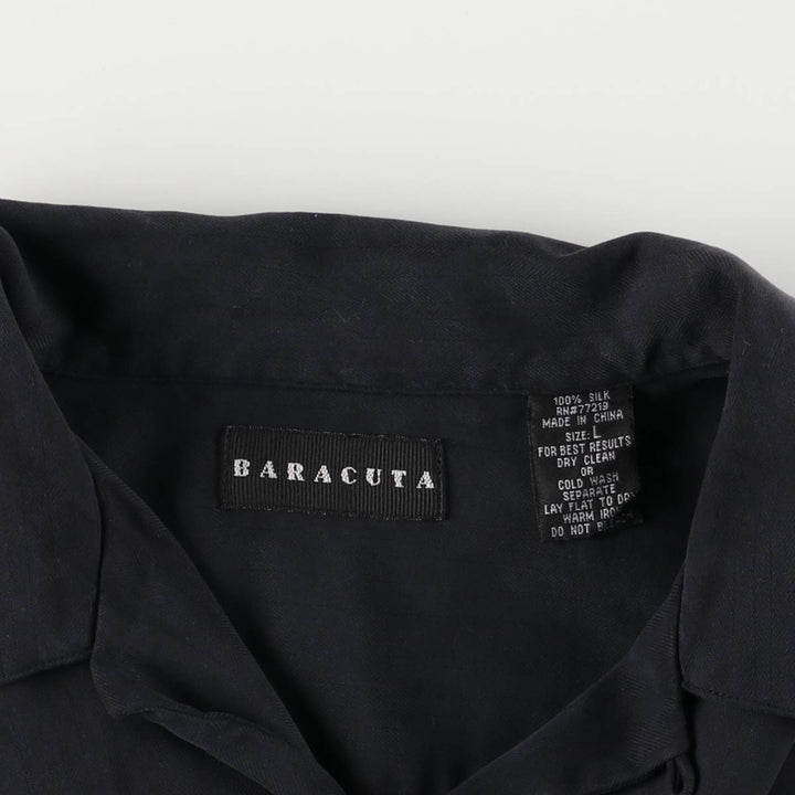 BARACUTA Herringbone Short Sleeve Open Collar Silk Shirt, Men's Size L silk black type Vintage Second Hand