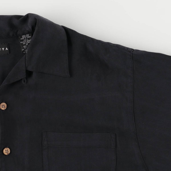BARACUTA Herringbone Short Sleeve Open Collar Silk Shirt, Men's Size L silk black type Vintage Second Hand