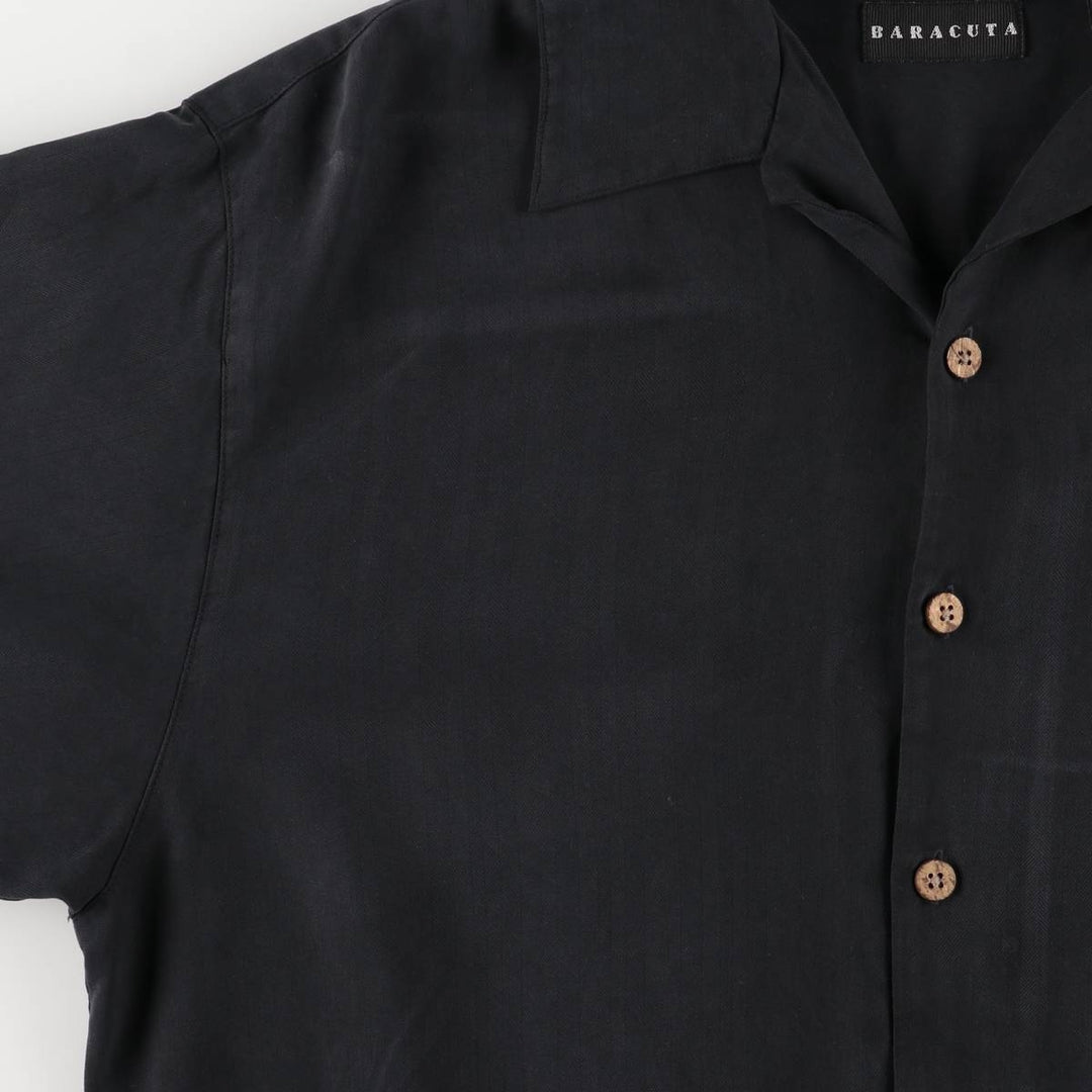 BARACUTA Herringbone Short Sleeve Open Collar Silk Shirt, Men's Size L silk black type Vintage Second Hand