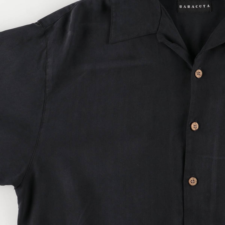 BARACUTA Herringbone Short Sleeve Open Collar Silk Shirt, Men's Size L silk black type Vintage Second Hand