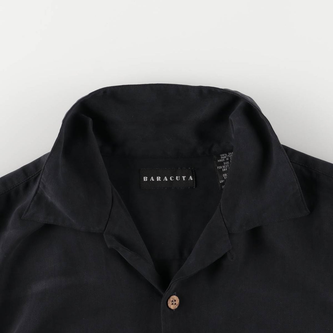 BARACUTA Herringbone Short Sleeve Open Collar Silk Shirt, Men's Size L silk black type Vintage Second Hand
