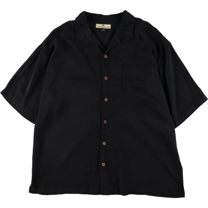 Tommy Bahama All-Over Leaf Pattern Short Sleeve Open Collar Silk Shirt, Men's Size XL silk black type Vintage Second Hand