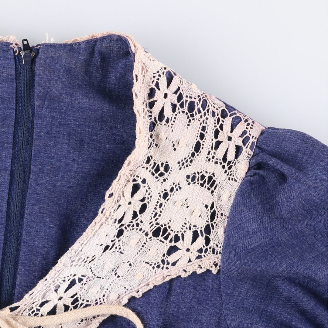 Vintage cutwork embroidered candy sleeve maxi dress, A-line length, made in the USA, size M. polyester blue type Vintage Second Hand