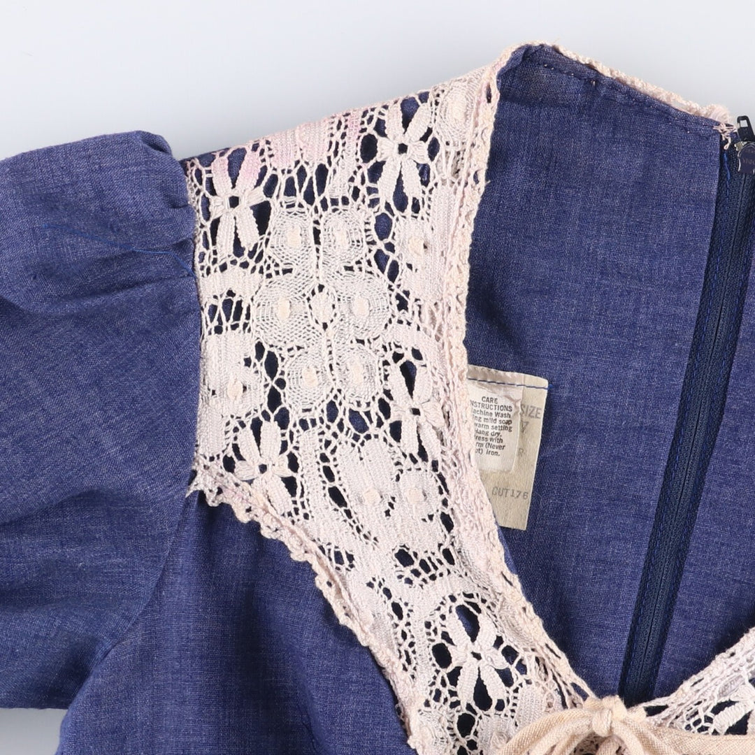 Vintage cutwork embroidered candy sleeve maxi dress, A-line length, made in the USA, size M. polyester blue type Vintage Second Hand