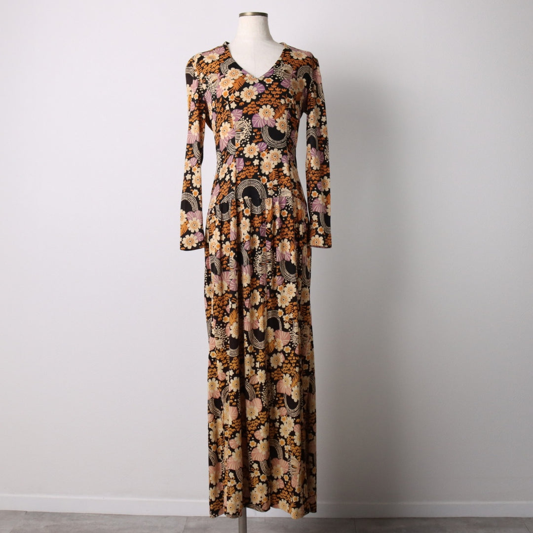 GENO all-over print maxi-length long-sleeve flared dress, women's size M, vintage unclear black type Vintage Second Hand
