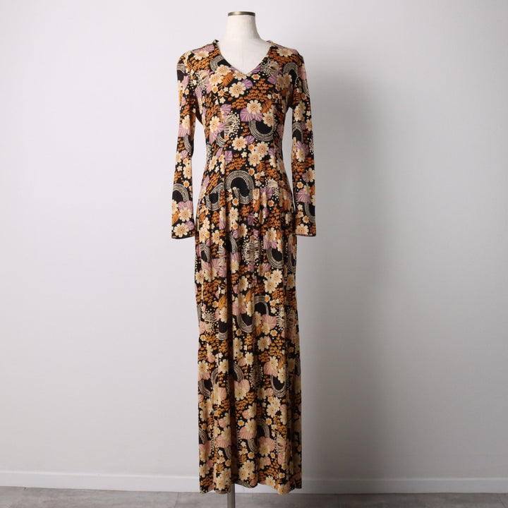 GENO all-over print maxi-length long-sleeve flared dress, women's size M, vintage unclear black type Vintage Second Hand
