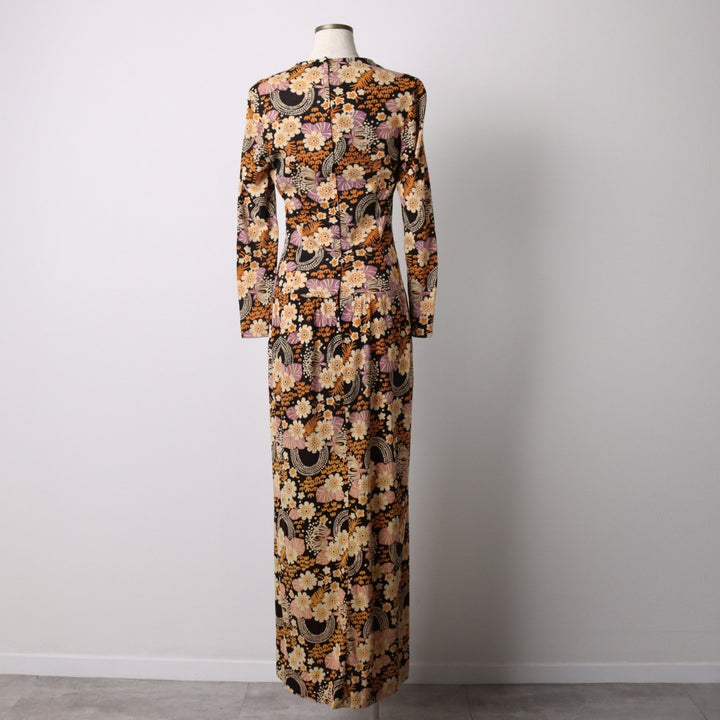 GENO all-over print maxi-length long-sleeve flared dress, women's size M, vintage unclear black type Vintage Second Hand