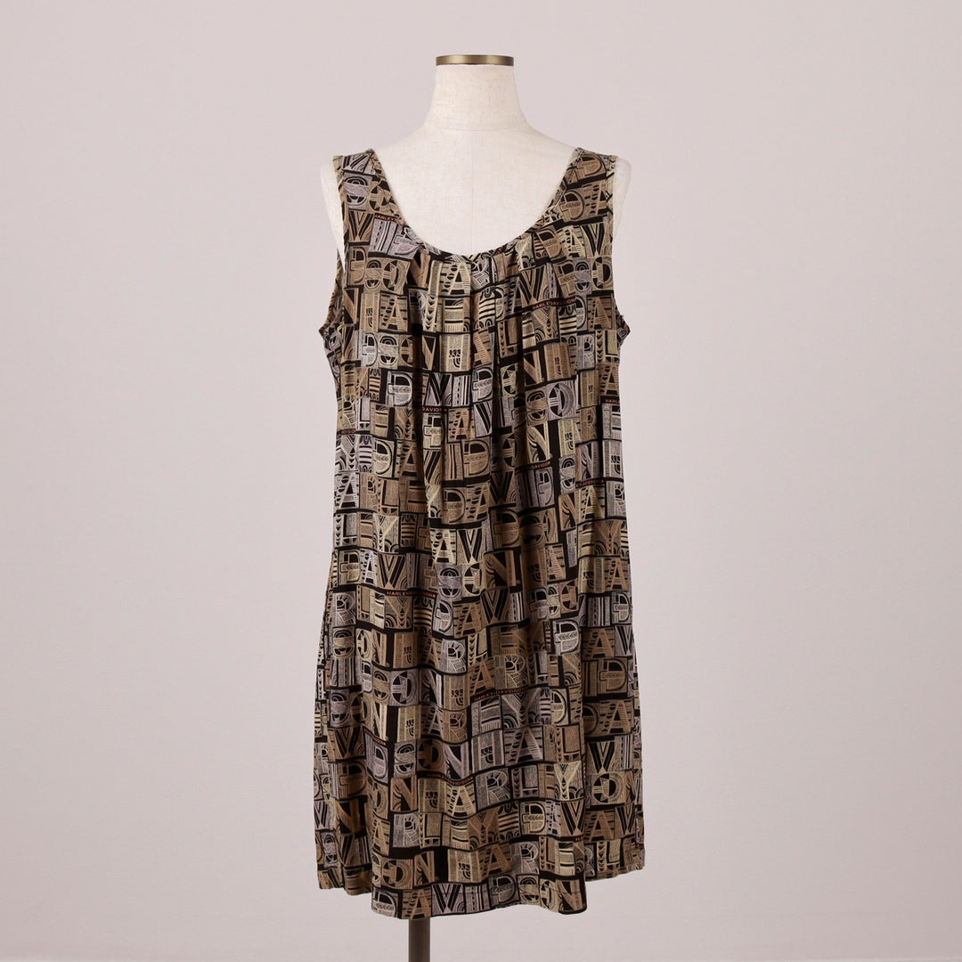 Harley-Davidson all-over print sleeveless flared dress, made in the USA, women's size L Viscose Beige type Vintage Second Hand