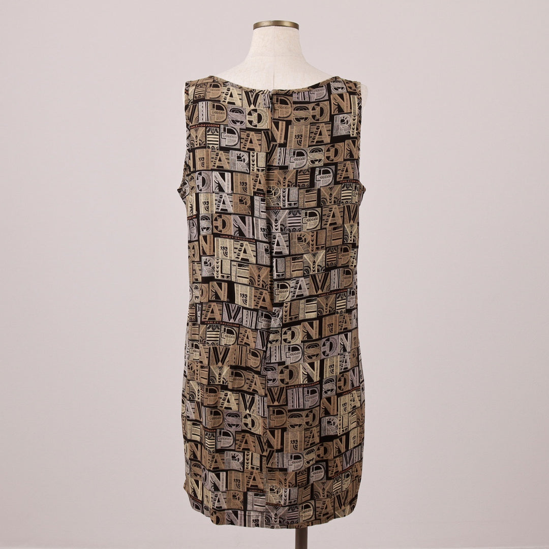Harley-Davidson all-over print sleeveless flared dress, made in the USA, women's size L Viscose Beige type Vintage Second Hand