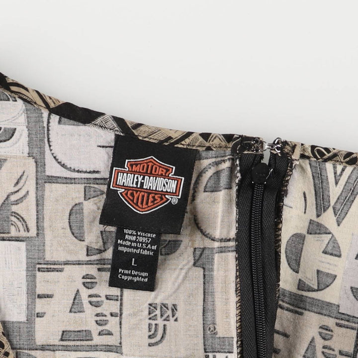 Harley-Davidson all-over print sleeveless flared dress, made in the USA, women's size L Viscose Beige type Vintage Second Hand