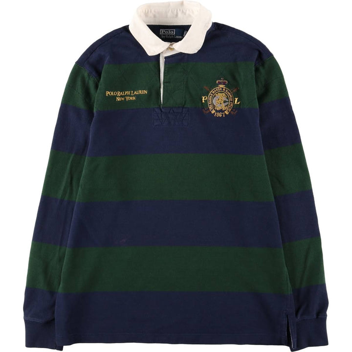 Ralph Lauren Custom Fit Long Sleeve Striped Polo Shirt, Men's Size Medium cotton navy blue type Vintage Second Hand