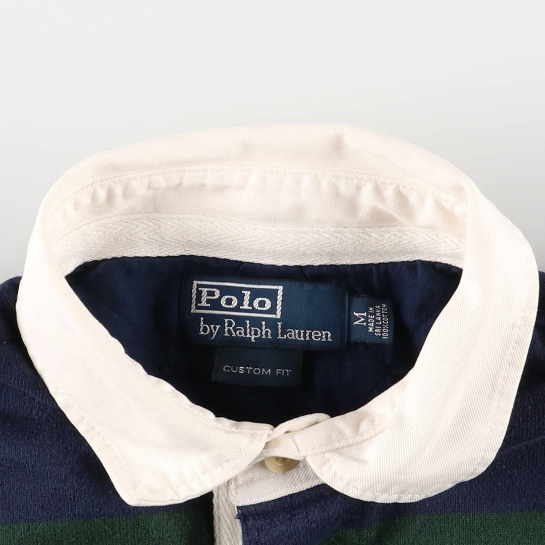 Ralph Lauren Custom Fit Long Sleeve Striped Polo Shirt, Men's Size Medium cotton navy blue type Vintage Second Hand