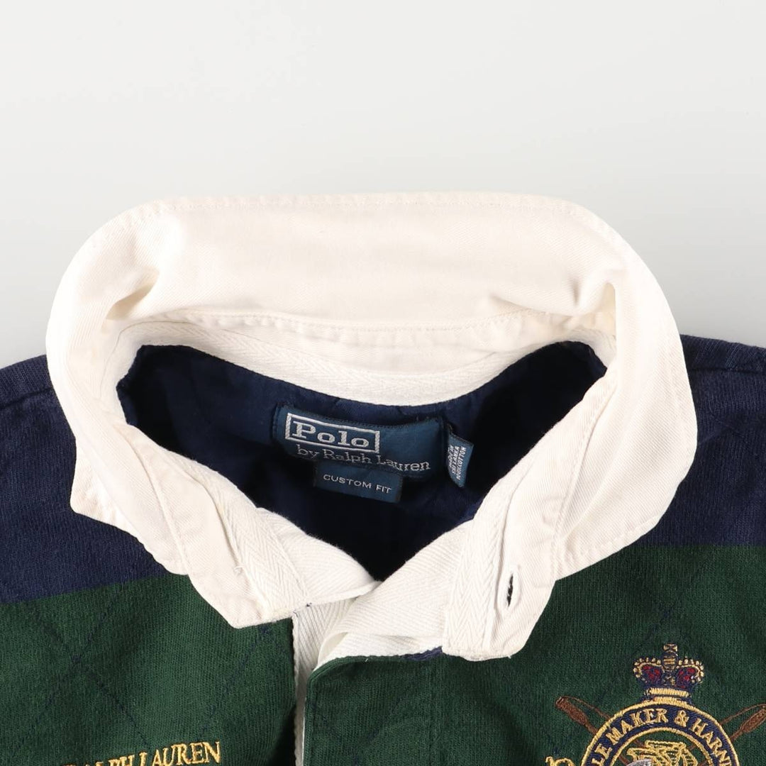 Ralph Lauren Custom Fit Long Sleeve Striped Polo Shirt, Men's Size Medium cotton navy blue type Vintage Second Hand
