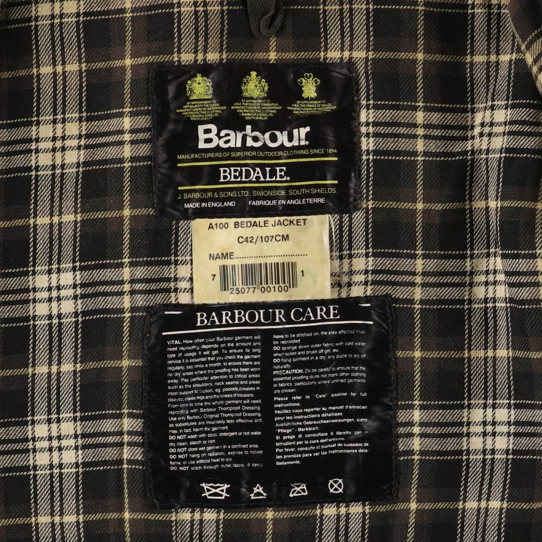 1990'S Barbour Bedale (formerly 3 Warrant) waxed cotton oiled jacket, Made in England, C42, Men's Size L cotton Khaki type Vintage Second Hand